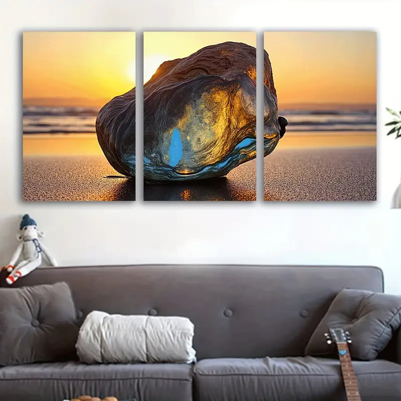 3pcs Beach Sunset Rock Blue Hues Wall Art Set Canvas Framed 50x70cm - High Quality Print 100% Australian Made Wall Canvas Ready to Hang - Bella Home Decor
