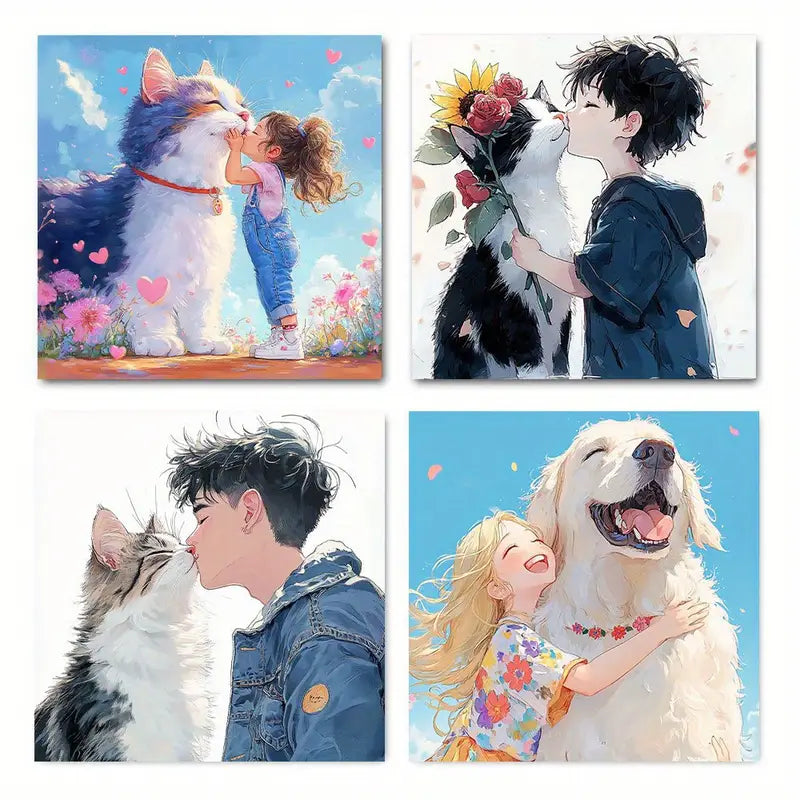 4pcs Cute Watercolor Dogs, Cats & Youngsters  Wall Art Canvas Framed