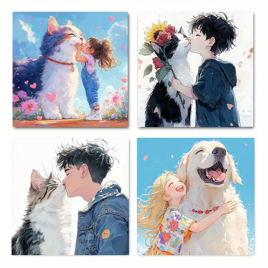 4pcs Cute Watercolor Dogs, Cats & Youngsters  Wall Art Canvas Framed