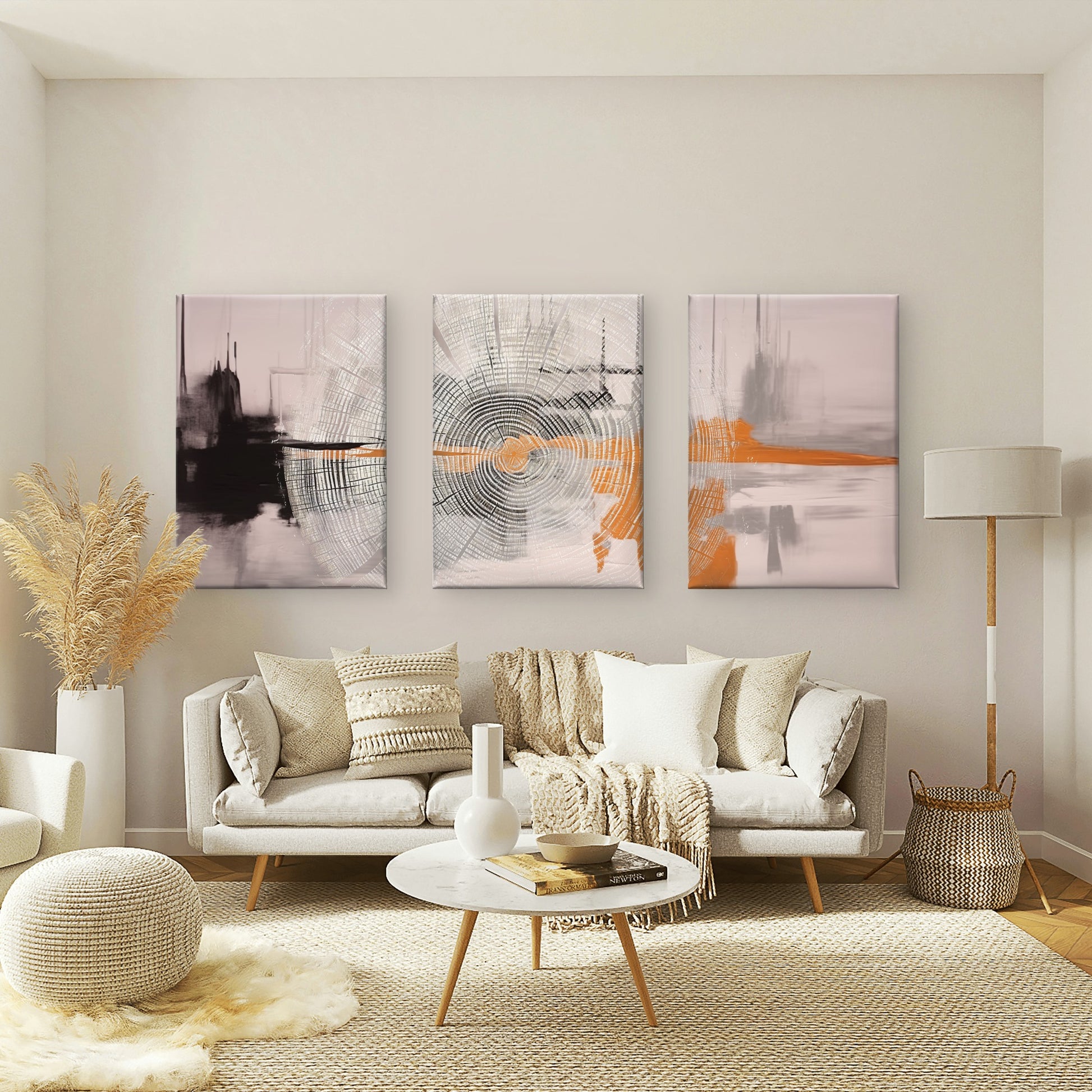 3pcs Abstract Grey Black Orange Wood Rings Wall Art Set Canvas Framed 40x60cm - High Quality Print 100% Australian Made Wall Canvas Ready to Hang