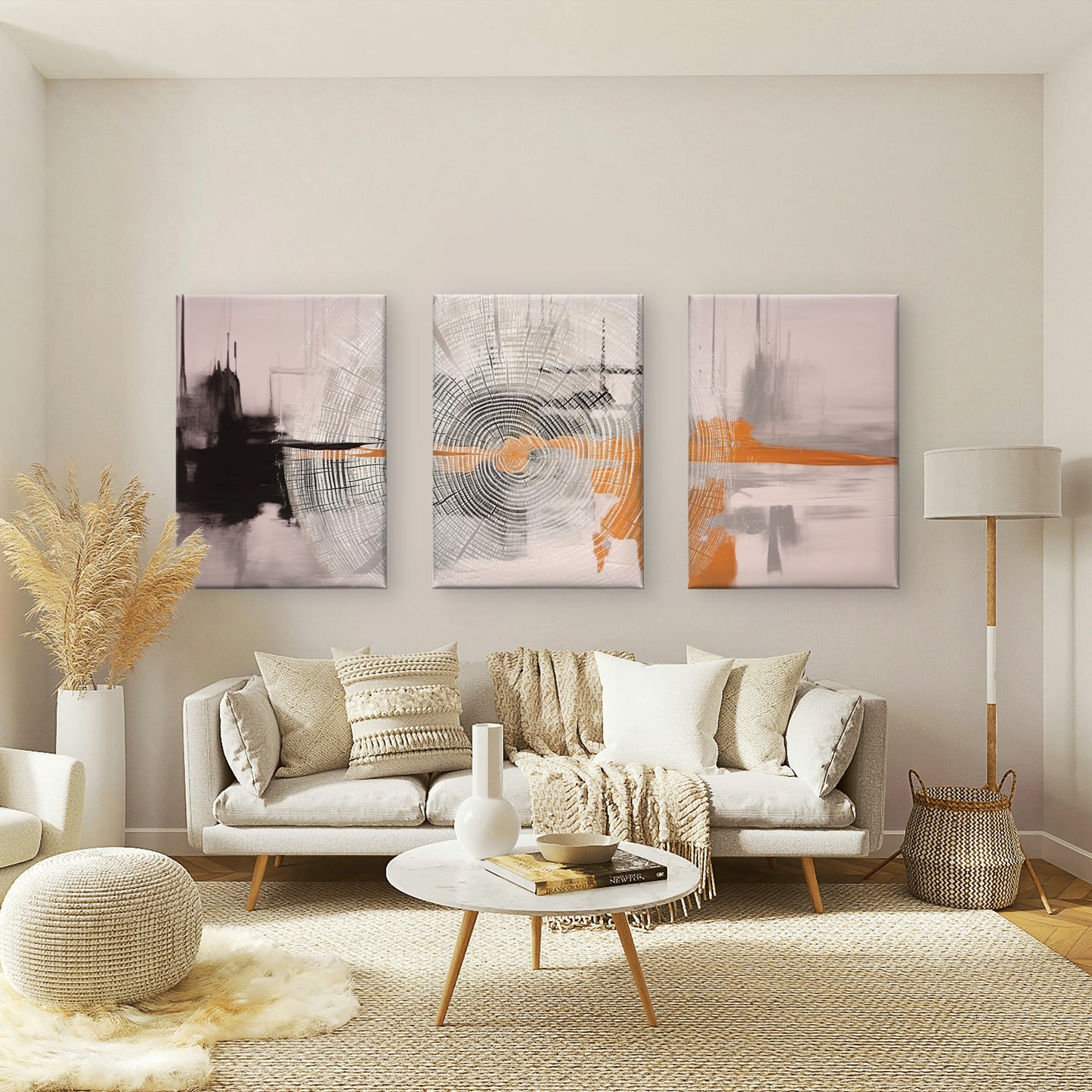 3pcs Abstract Grey Black Orange Wood Rings Wall Art Set Canvas Framed 60x90cm - High Quality Print 100% Australian Made Wall Canvas Ready to Hang