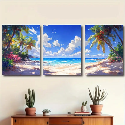 3pcs Tropical Beach Palm Ocean Scene Wall Art Set Canvas Framed 50x70cm - High Quality Print 100% Australian Made Wall Canvas Ready to Hang