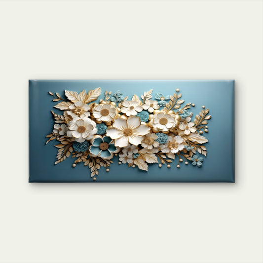 Gilded Azure Floral Harmony Wall Art Canvas Office Home Room Framed 120x60cm