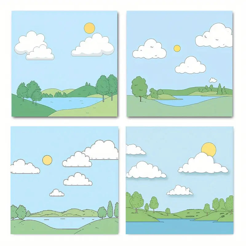 4pcs Sun, Clouds, And Water, Perfect Wall Art Canvas Framed