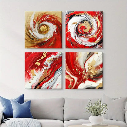 4pcs Swirling Patterns  Red, Gold  Abstract  Wall Art Canvas Framed