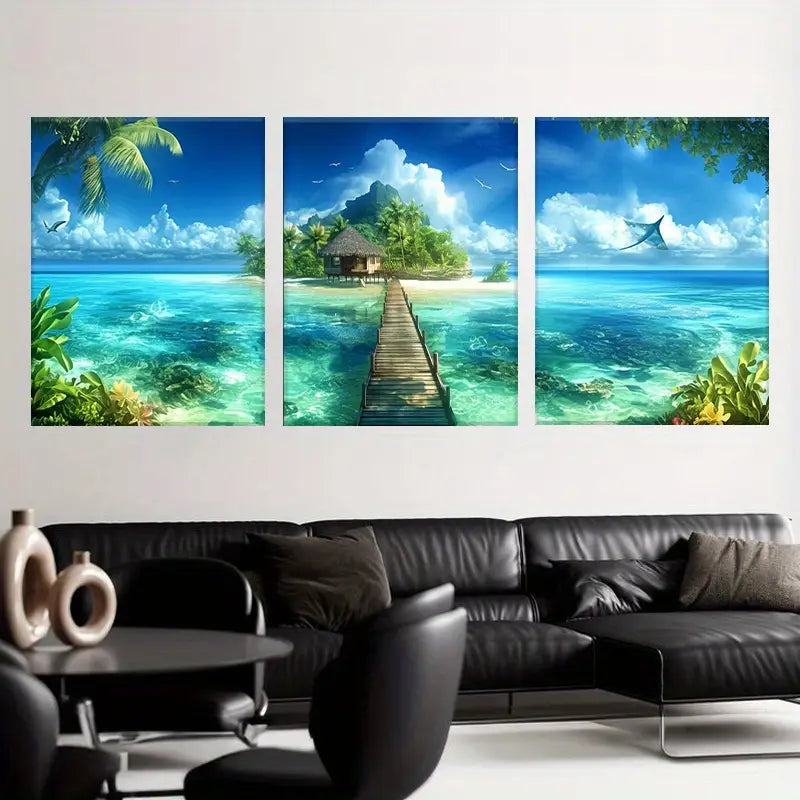 3pcs Vibrant Turquoise Waters & Lush Greenery Metal Print Ready to Hang Art