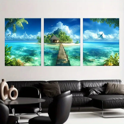 3pcs Vibrant Turquoise Waters & Lush Greenery Metal Print Ready to Hang Art