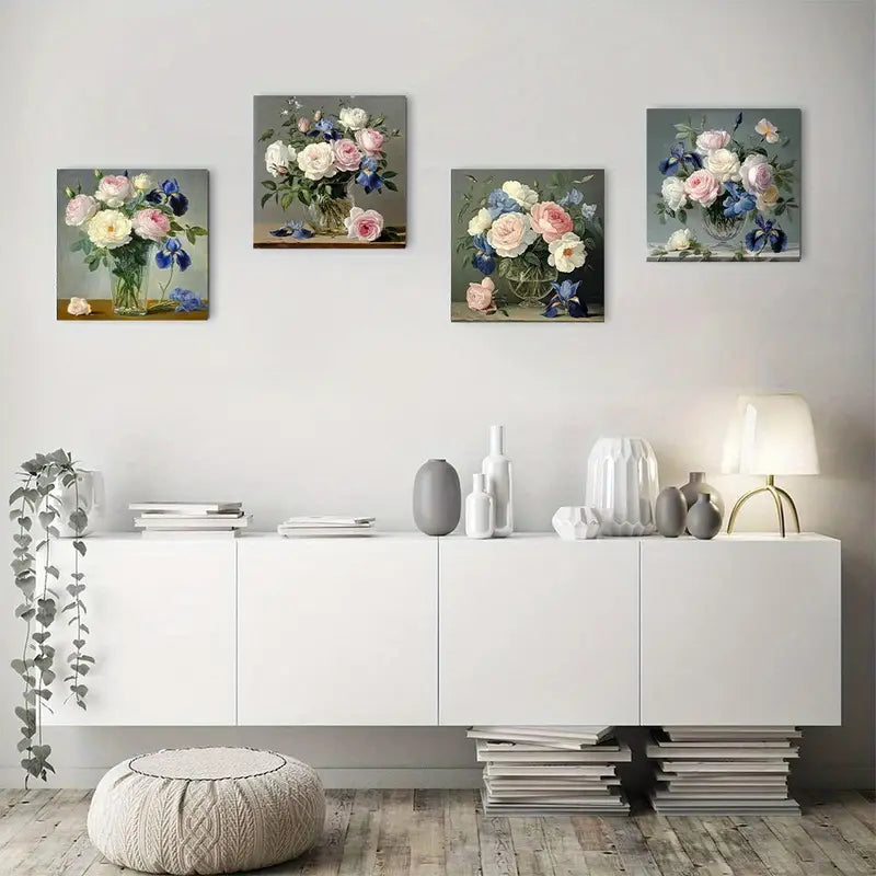 4pcs Elegant Floral Arrangements In Glass VasesWall Art Canvas Framed