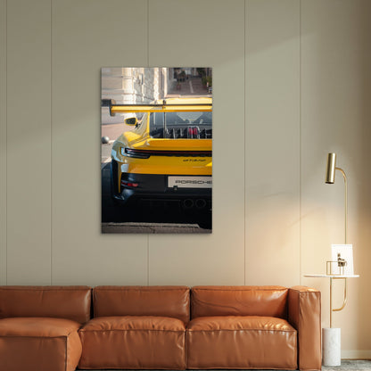 High Performance Yellow Porsche 911 GT3 RS 60x90cm Metal Print Ready to Hang