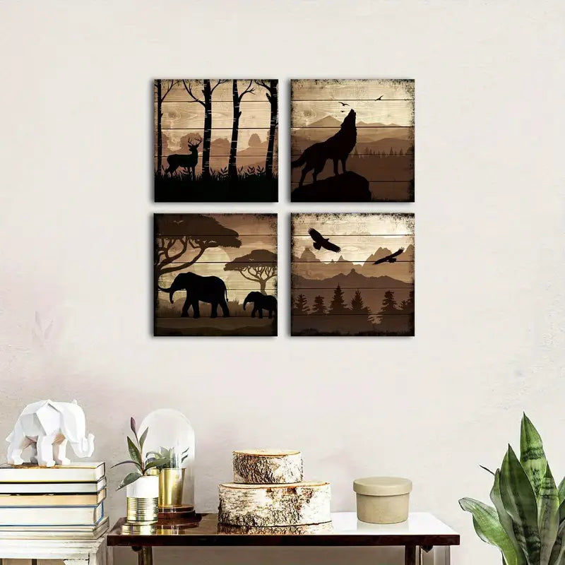 4pcs  Deer Wolf Elephant Canvas Pictures Forest  Wall Art Canvas Framed - Bella Home Decor