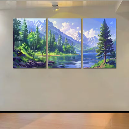 3pcs Green Forests, and Serene Water Wall Art Set Canvas Framed 50x70cm - High Quality Print 100% Australian Made Wall Canvas Ready to Hang