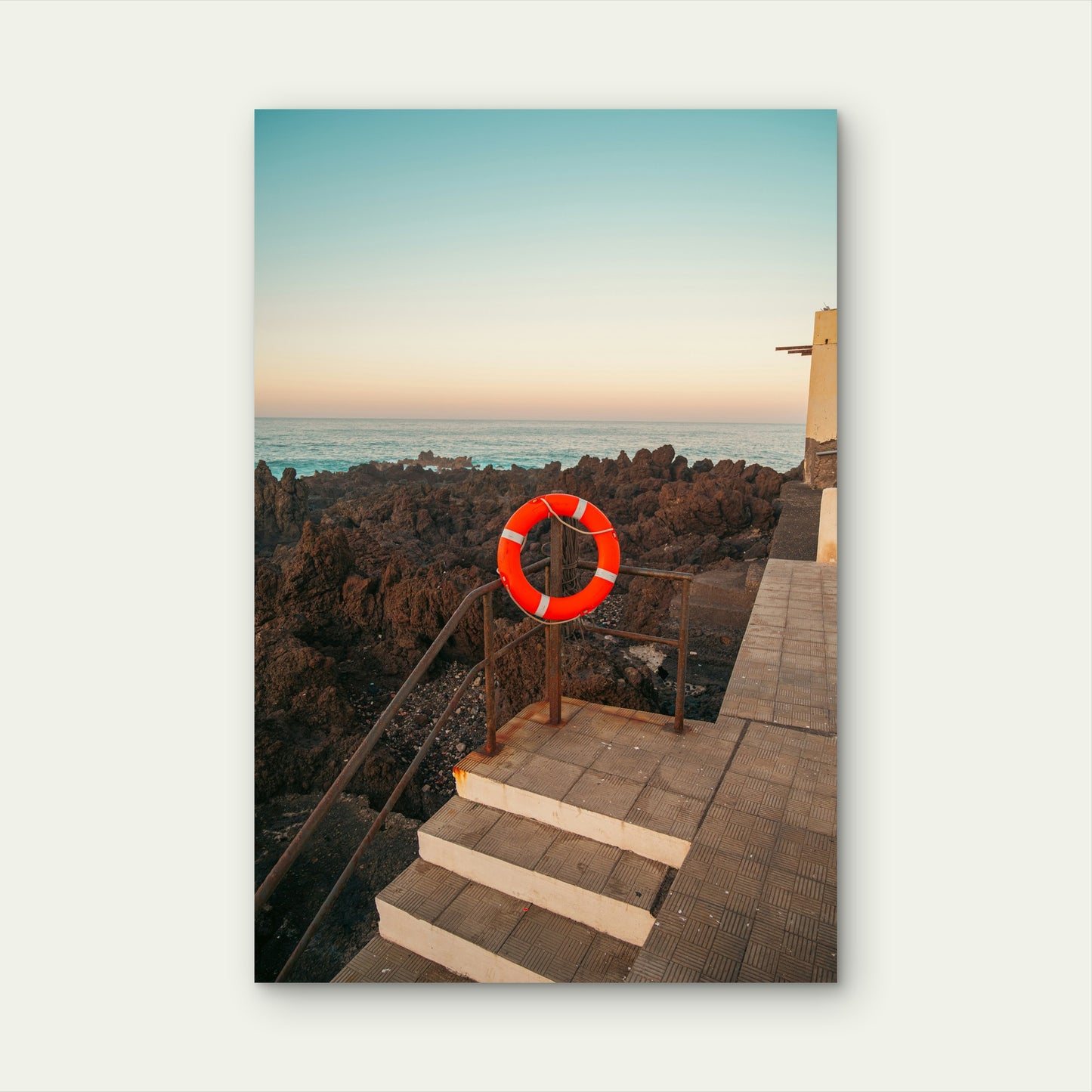 Lifeguard Station At A Rocky Beach At Sunset 60x90cm Metal Print Ready to Hang
