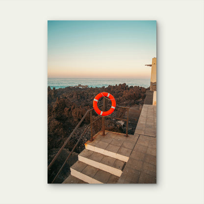 Lifeguard Station At A Rocky Beach At Sunset 60x90cm Metal Print Ready to Hang