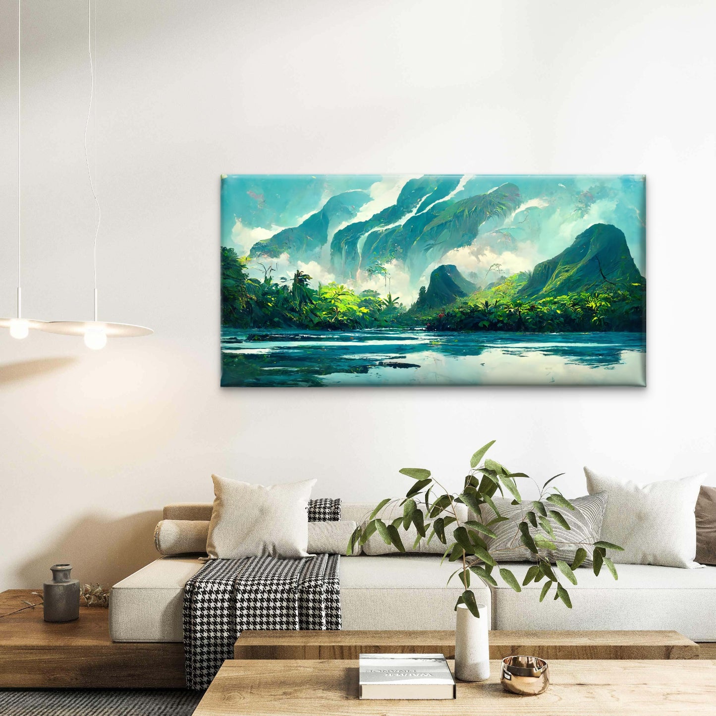 Tropical Teal Mountain Island Wall Art Canvas Office Home Room Framed 120x60cm - Bella Home Decor
