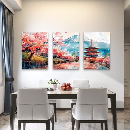 3pcs Cherry Blossoms Frame Mount Fuji Triptych Wall Art Set Canvas Framed 40x60cm - High Quality Print 100% Australian Made Wall Canvas Ready to Hang - Bella Home Decor