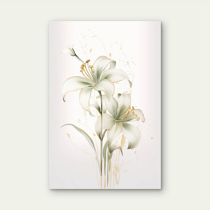 Abstract White Green Gold Lily Painting 40x60cm Metal Print Ready to Hang