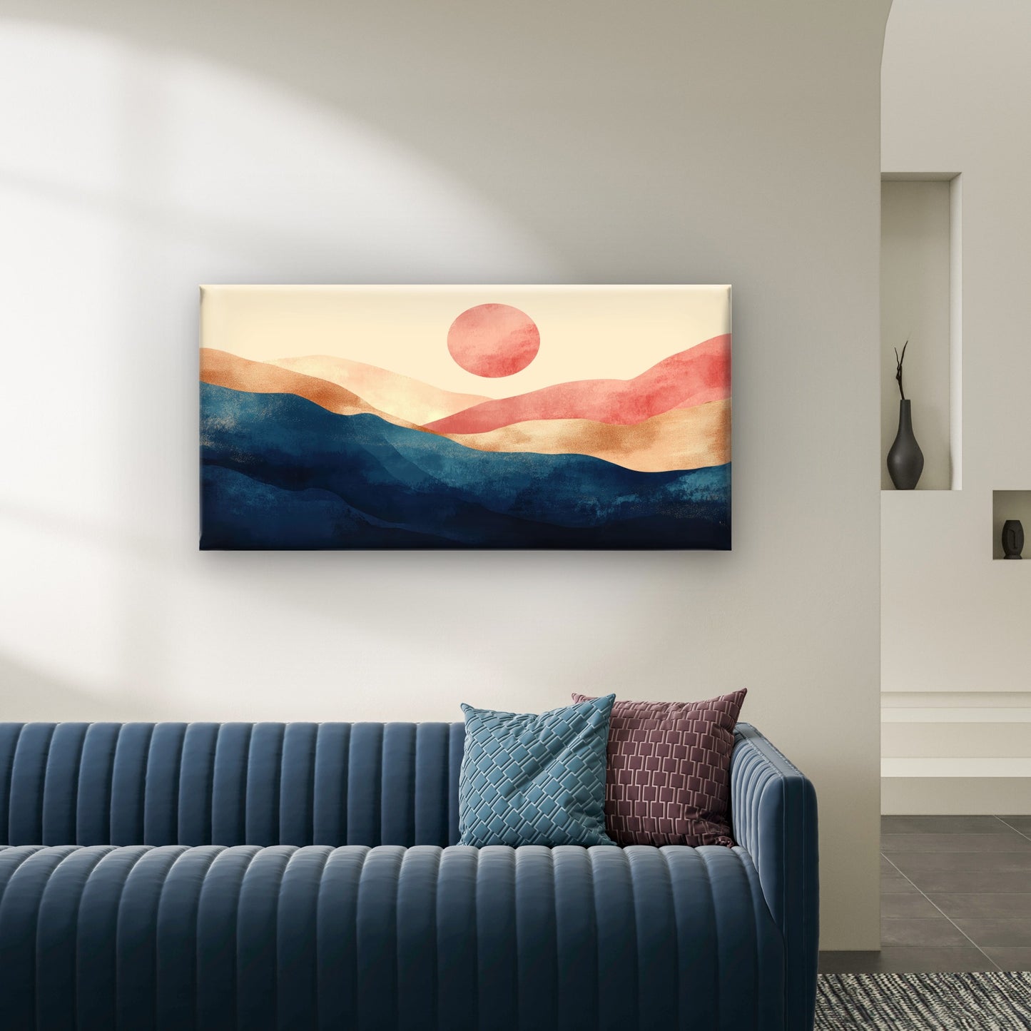Abstract Indigo Terracotta Sun Ridge Wall Art Canvas Office Home Framed 120x60cm