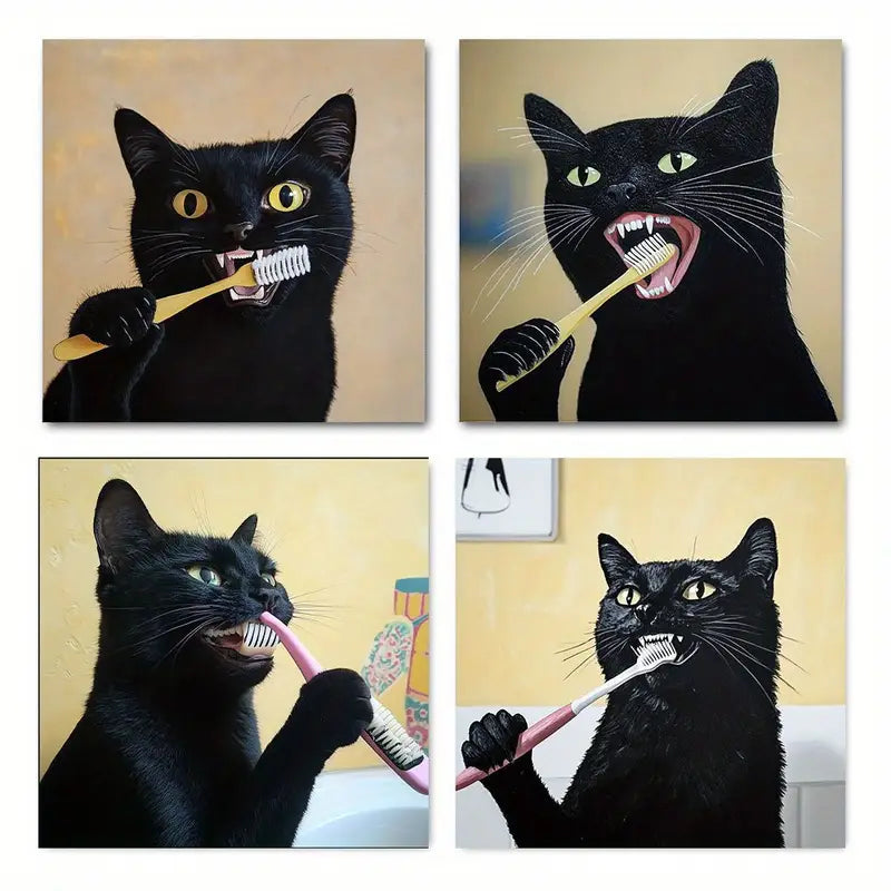 4pcs Charming Black Cat Brushing Teet Wall Art Canvas Framed