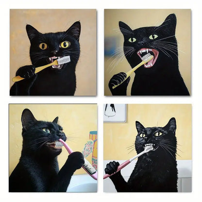 4pcs Charming Black Cat Brushing Teet Wall Art Canvas Framed