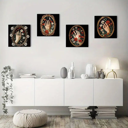4pcs Vintage Tattoo-Style Floral Hand Illustrati Wall Art Canvas Framed