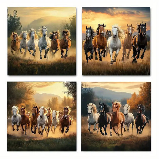 4pcs Sunset Seven Lucky Horse Canvas Wall Art Canvas Framed