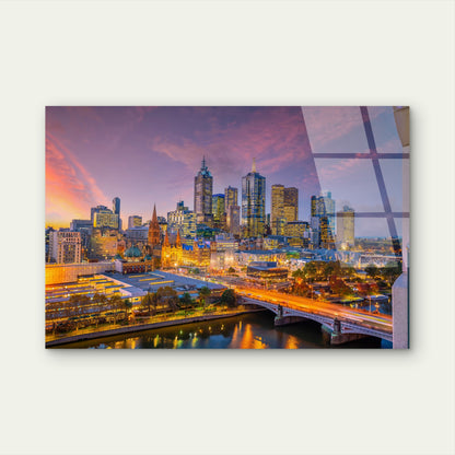Melbourne Skyline Dusk Cityscape Yarra Acrylic Glass Printing Wall Art Australian Made Quality
