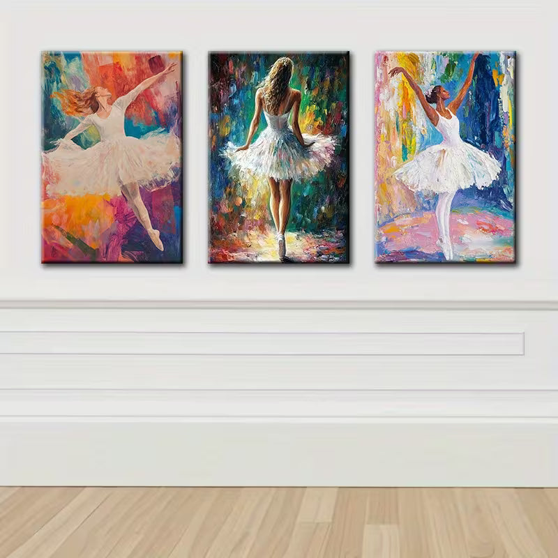 3pcs Elegant Ballerina Vibrant Illustration Wall Art Set Canvas Framed 40x60cm - High Quality Print 100% Australian Made Wall Canvas Ready to Hang
