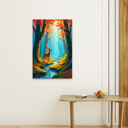 Enchanted Wood Red Maple Leaf Stag Buck 40x60cm Metal Print Ready to Hang