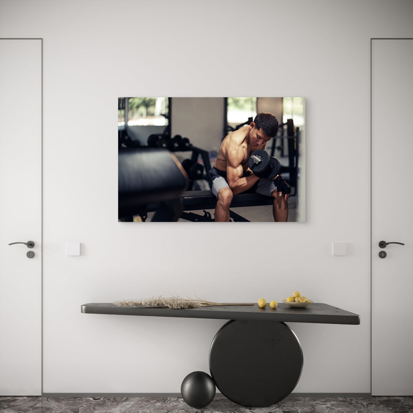 Man Lifting Dumbbell Bicep Curl Concentration Gym Fitness Workout 5mm thick Plastic Poster Ready to Hang 90x60cm