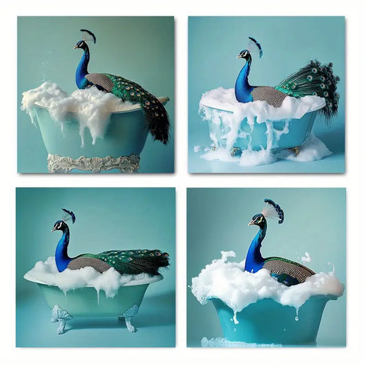 4pcs Peacock in the Bathtub Suitable  Wall Art Canvas Framed