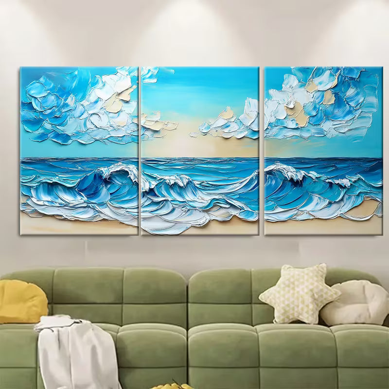 3pcs Blue Sky And Waves Metal Print Ready to Hang Art - Bella Home Decor