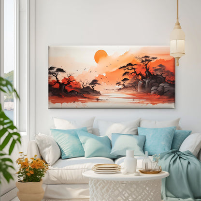 Vibrant Orange Sunset Over Wall Art Canvas Office Home Room Framed 120x60cm
