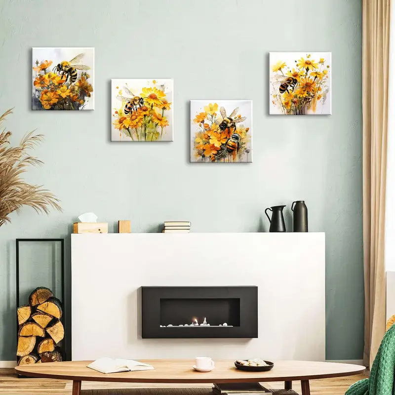 4pcs  Wildflower Wall Art Bee  Poppy  Flower Wall Art Canvas Framed - Bella Home Decor