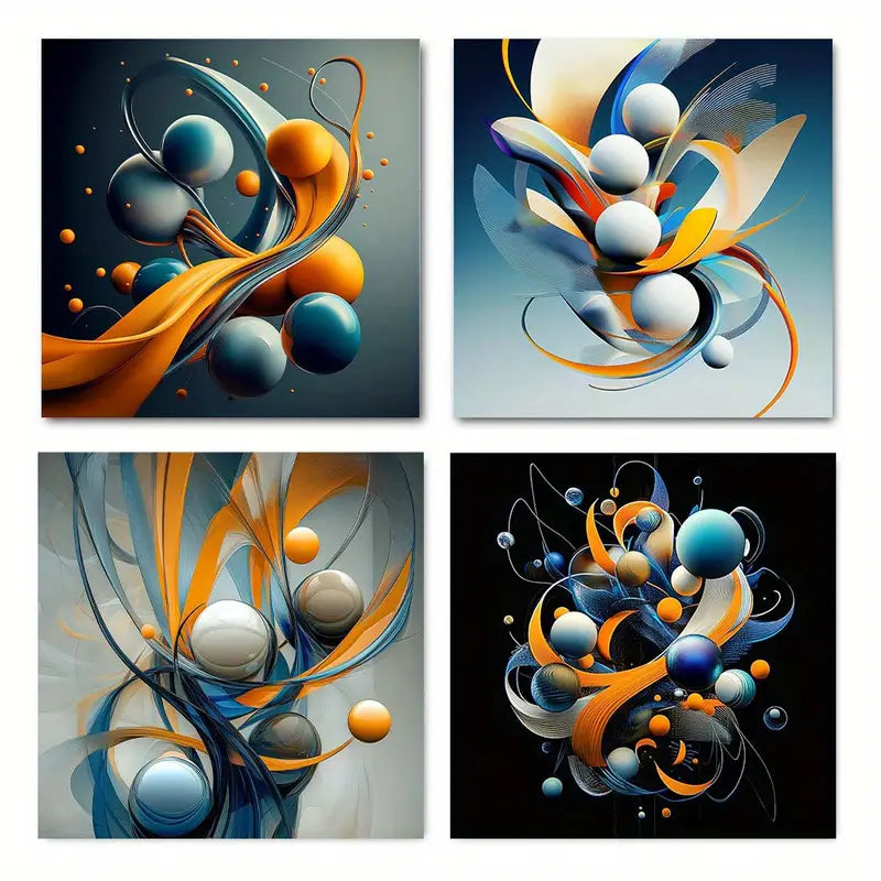 4pcs Blue Abstract  Vintage Style BAV  Wall Art Canvas Framed