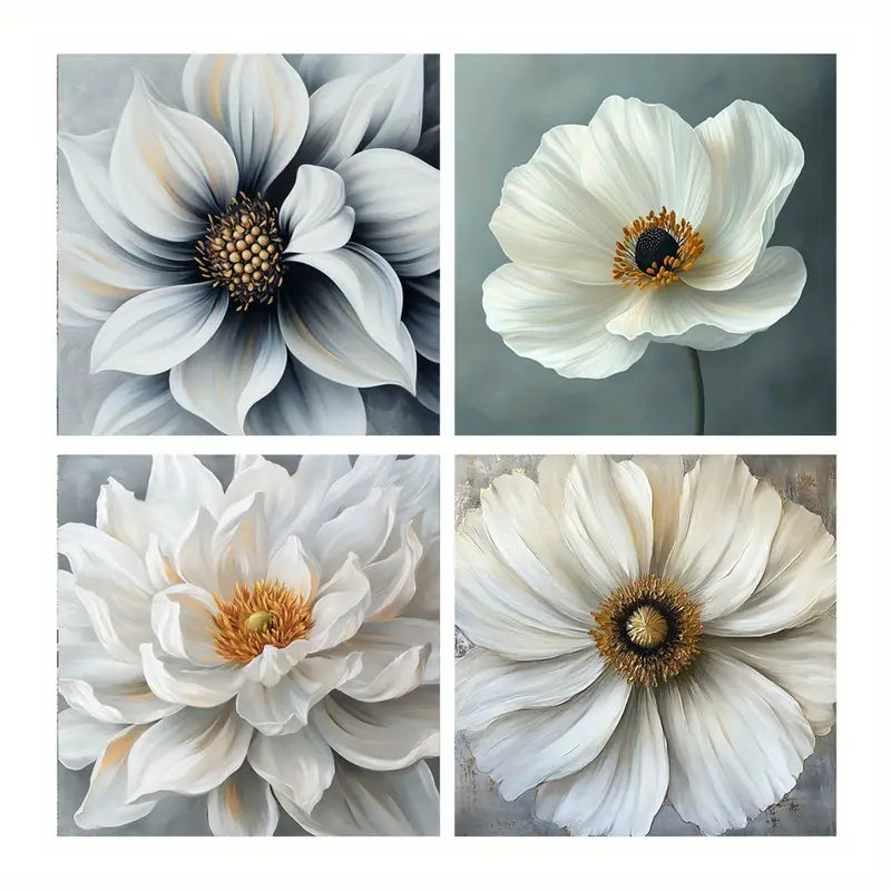4pcs White Flowers Painting, Flower Petals Wall Art Canvas Framed