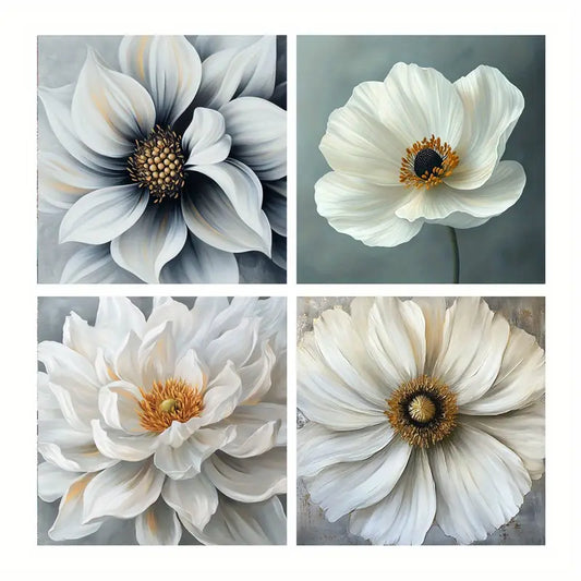 4pcs White Flowers Painting, Flower Petals Wall Art Canvas Framed