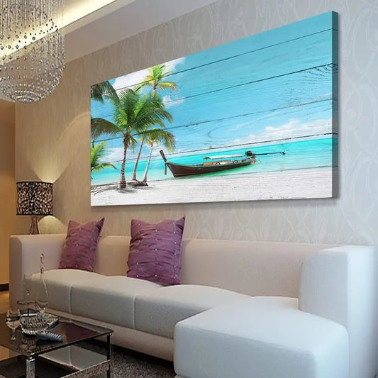 Vibrant Seascape Tropical Coconut Tree Ocean Wall Art canvas office home room framed 120x60cm - Bella Home Decor
