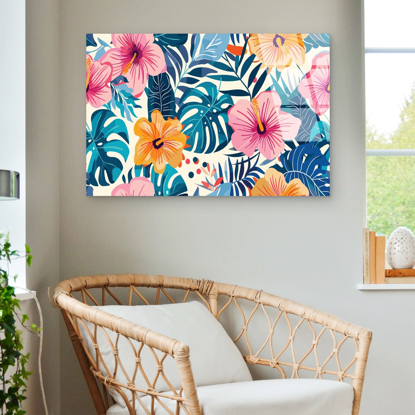 Tropical Hibiscus Monstera Palm Leaf   Acrylic Glass Printing Wall Art Australian Made Quality
