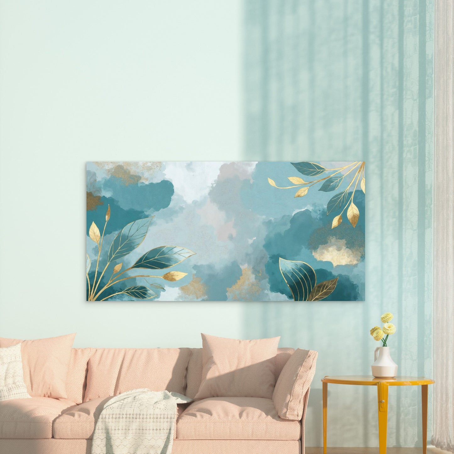 Turquoise Tides Gilded Foliage Wall Art Canvas Office Home Room Framed 120x60cm - Bella Home Decor