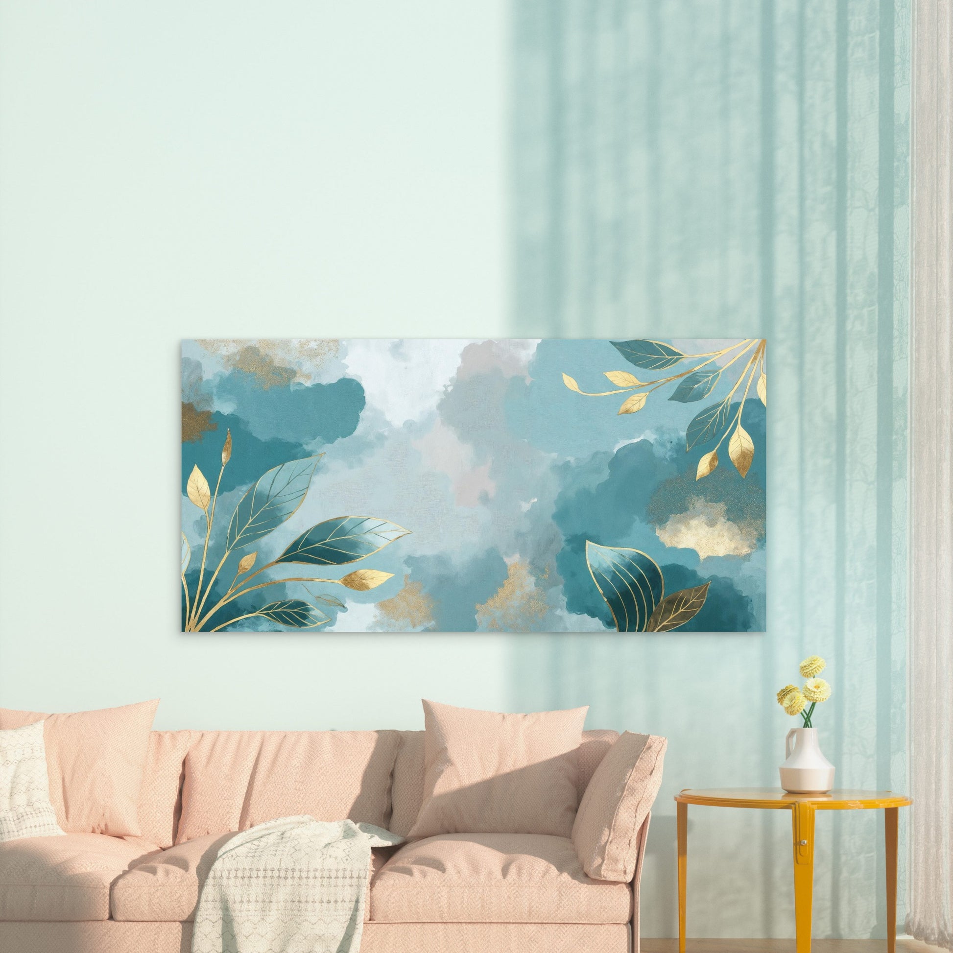 Turquoise Tides Gilded Foliage Wall Art Canvas Office Home Room Framed 120x60cm - Bella Home Decor
