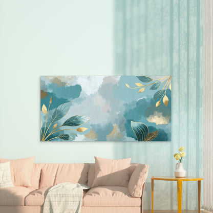 Turquoise Tides Gilded Foliage Wall Art Canvas Office Home Room Framed 120x60cm - Bella Home Decor