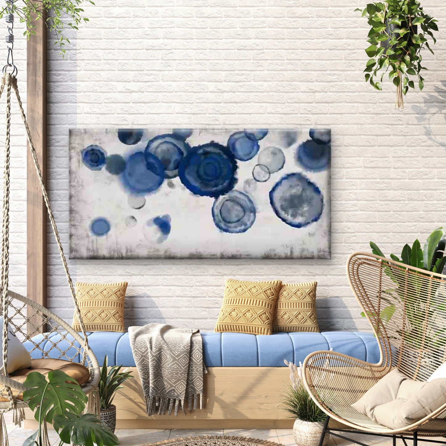 Blue Abstract Ink Circles Wall Art Canvas Office Home Room Framed 120x60cm - Bella Home Decor