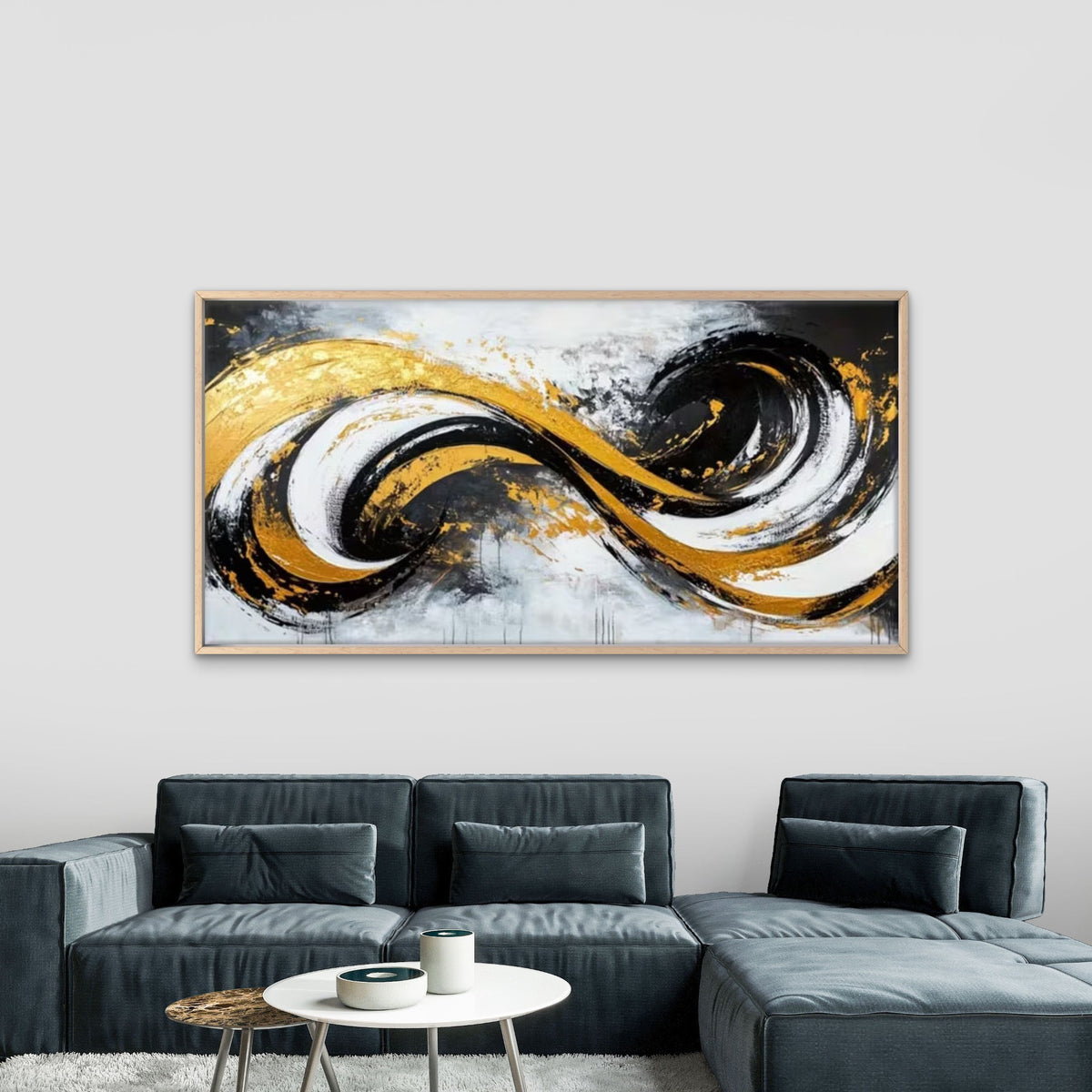 Bold Black White Golden Swirls Wall Art Canvas Office Home Room Framed 120x60cm