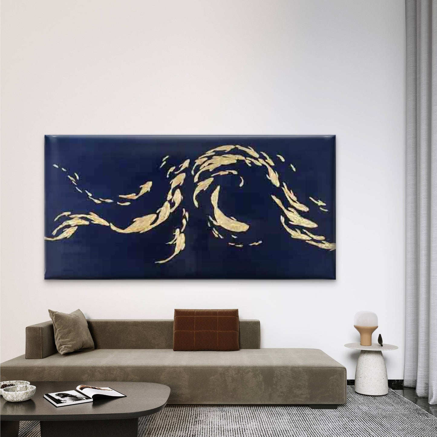 Golden Abstract Fish School Wall Art Canvas Office Home Room Framed 120x60cm