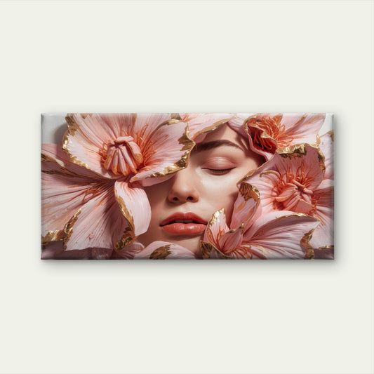 Woman Pink Flower Gold Foil Wall Art Canvas Office Home Room Framed 120x60cm
