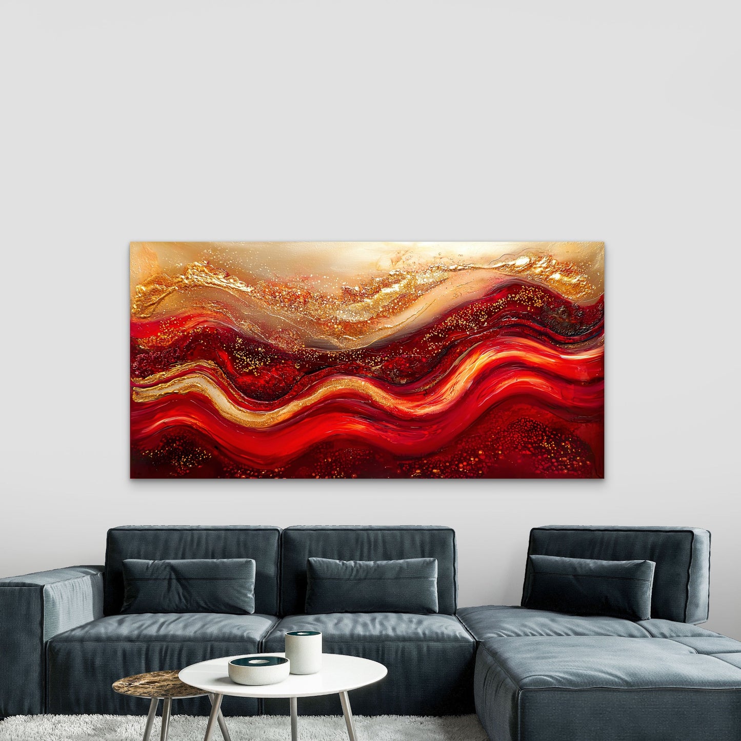 Vibrant Red Gold Waves Flow Wall Art Canvas Office Home Room Framed 120x60cm