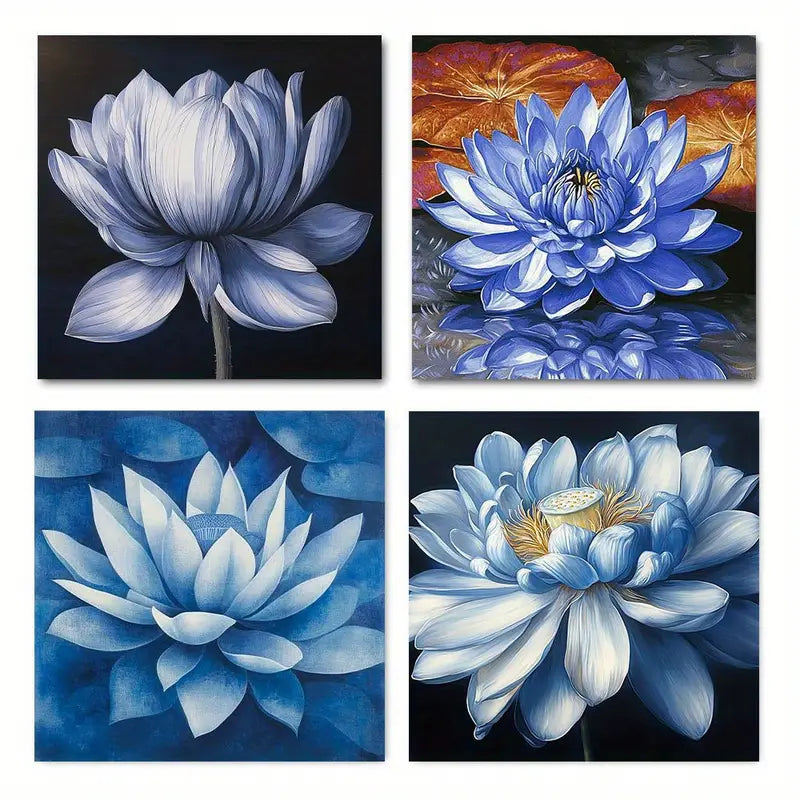 4pcs Blue For Lotus Flower Canvas Wall Art Canvas Framed