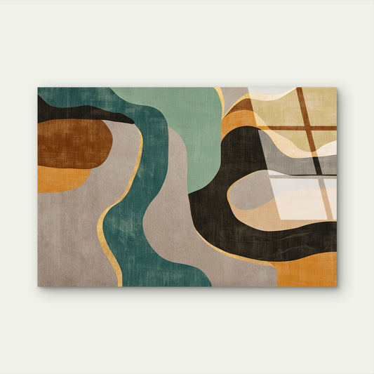 Abstract Geometric Teal Ocher Wave Acrylic Glass Printing Wall Art Australian Made Quality