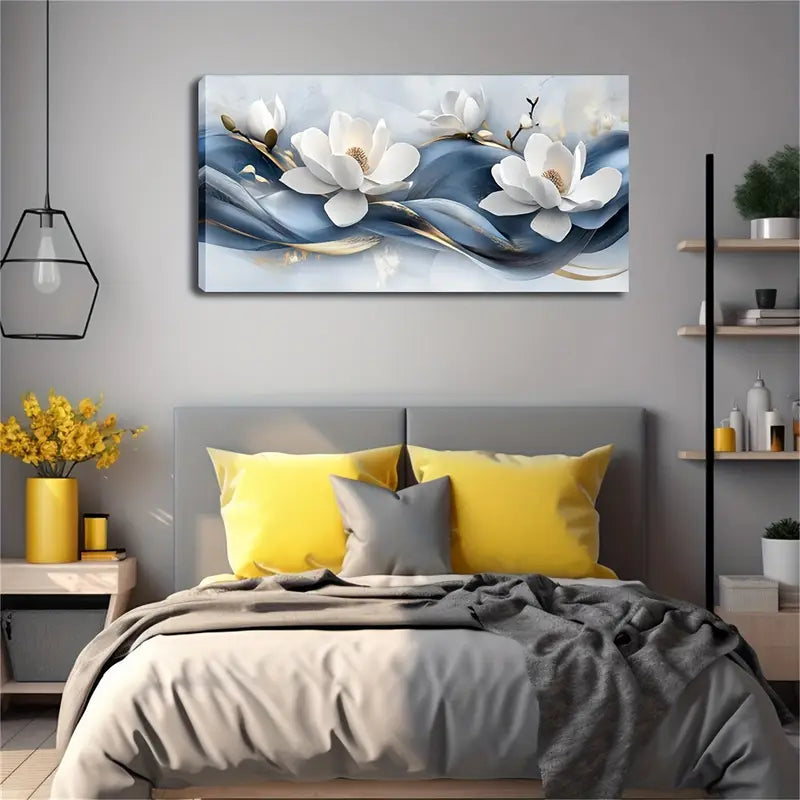 White Flowers Golden Accents Blue Wall Art Canvas Office Home Room Framed 120x60cm - Bella Home Decor