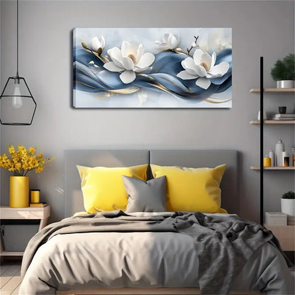 White Flowers Golden Accents Blue Wall Art Canvas Office Home Room Framed 120x60cm - Bella Home Decor
